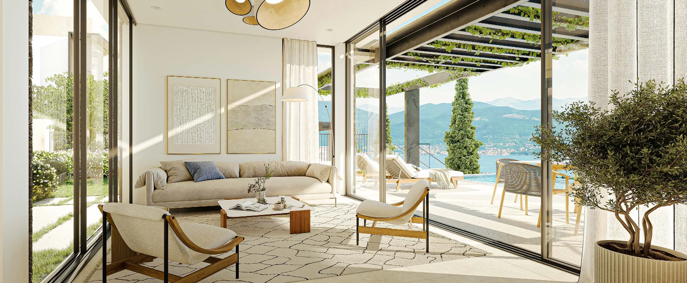 SAOTA Twin Villas at The Peaks, Luštica Bay, living. Developer visualisation.